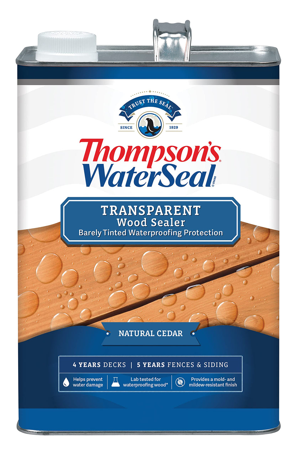 Thompson's WaterSeal can shows transparent cedar stain with moisture protection.