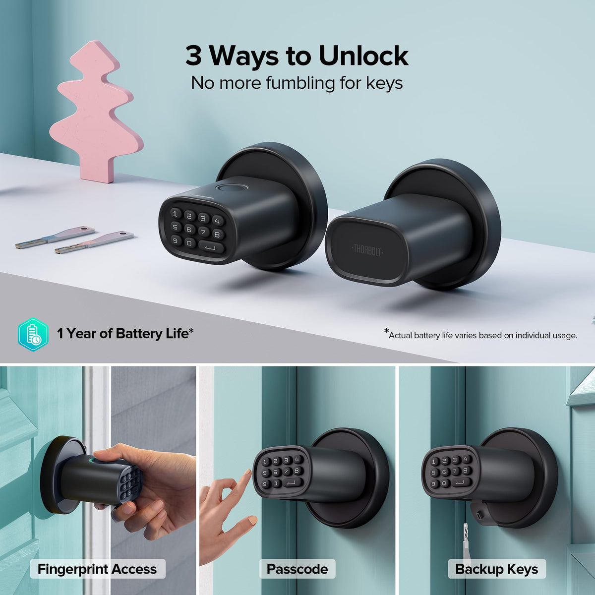 ThorBolt keypad close-up showing multi-user access for homes and offices.