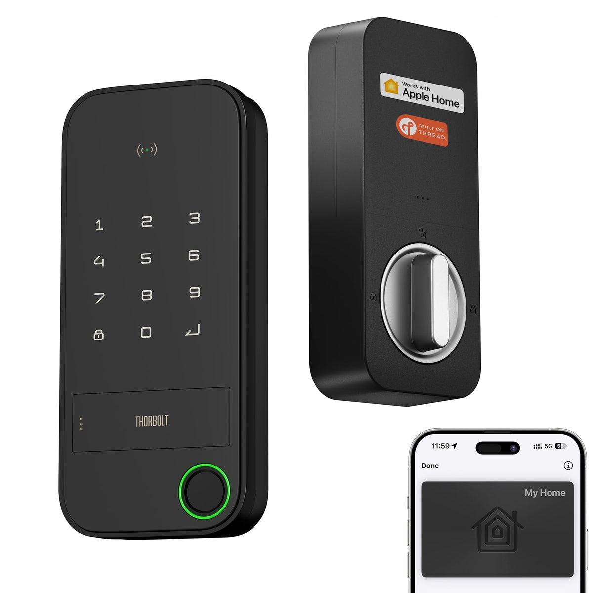 ThorBolt X1 front view, sleek weatherproof lock ready for HomeKit integration