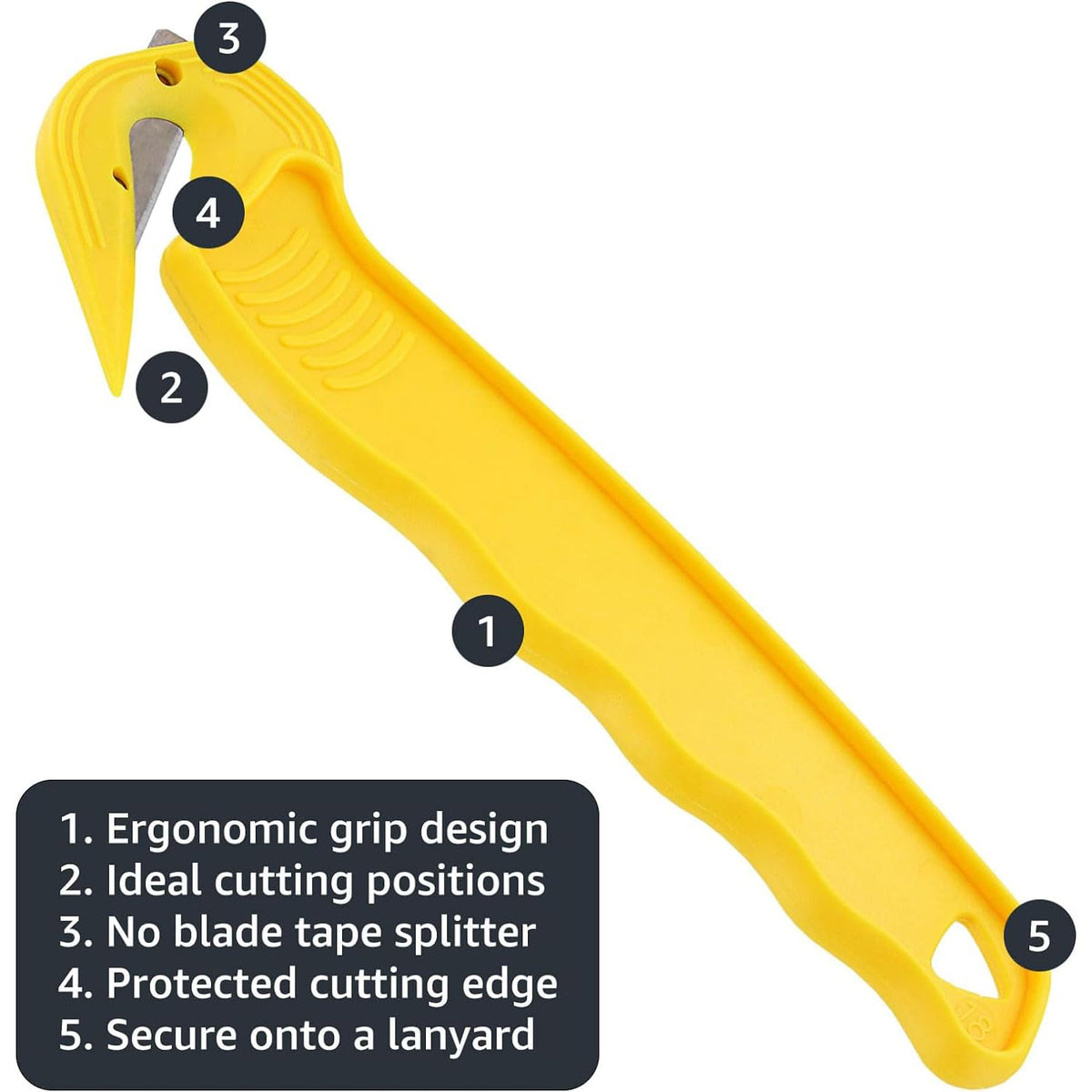 Versatile packaging tool serving as box opener, knife, and wrap opener.