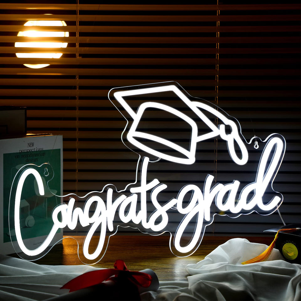 Threan Congrats Grad neon sign front view for wall decor and party ambience.