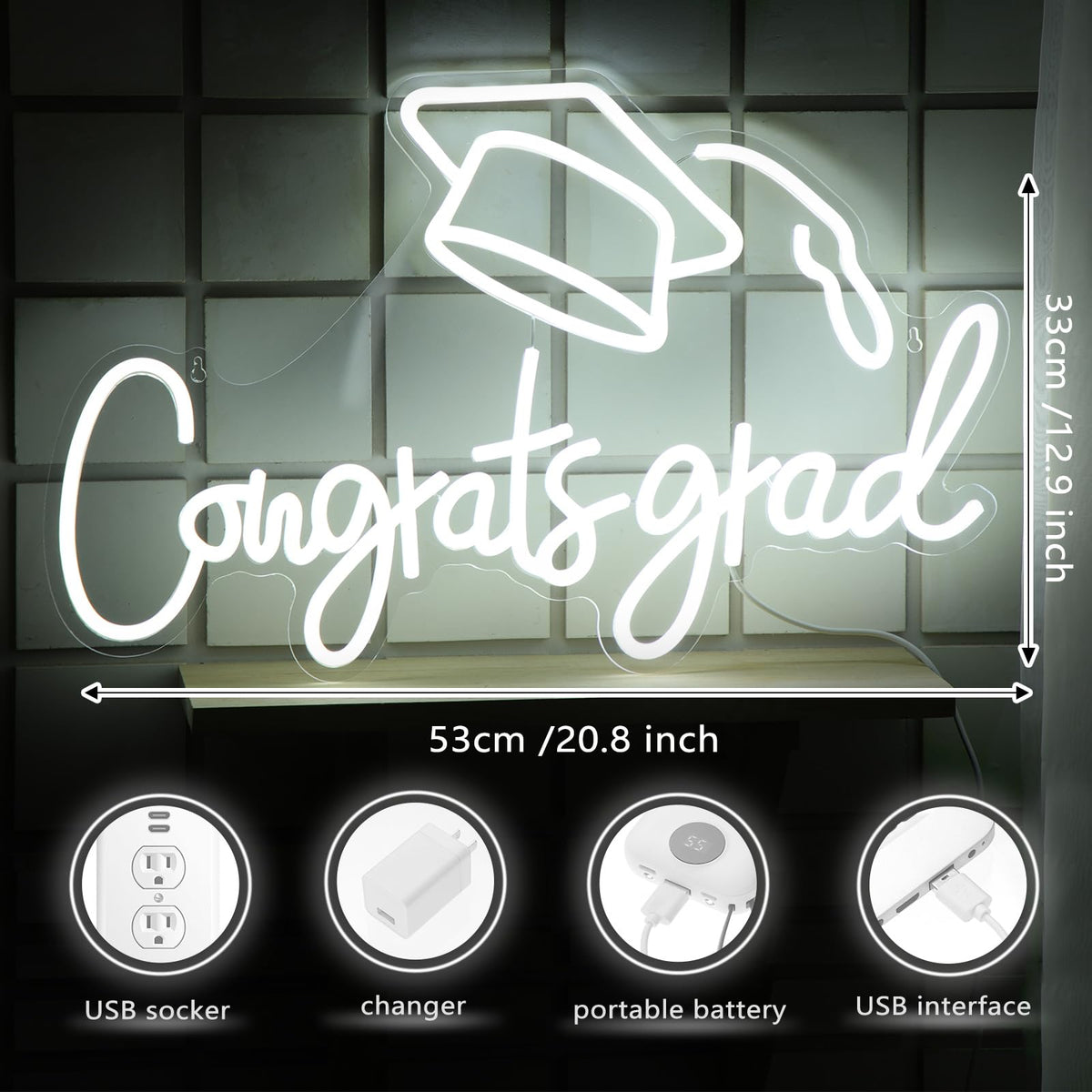 Threan grad neon sign warm glow on wall enhances photo booth backgrounds.
