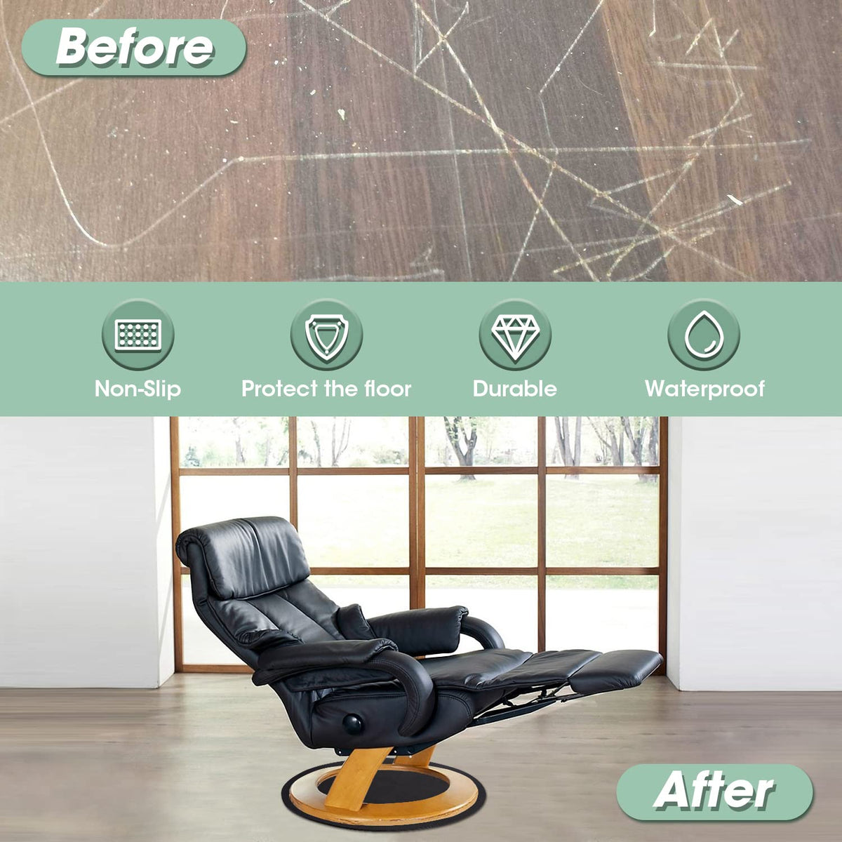 Three Buzzlett easy installation pad placed under furniture for instant protection