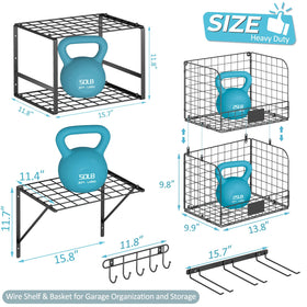 ThreeHio garage-shelf hooks-rail supporting hanging or interlocked baskets