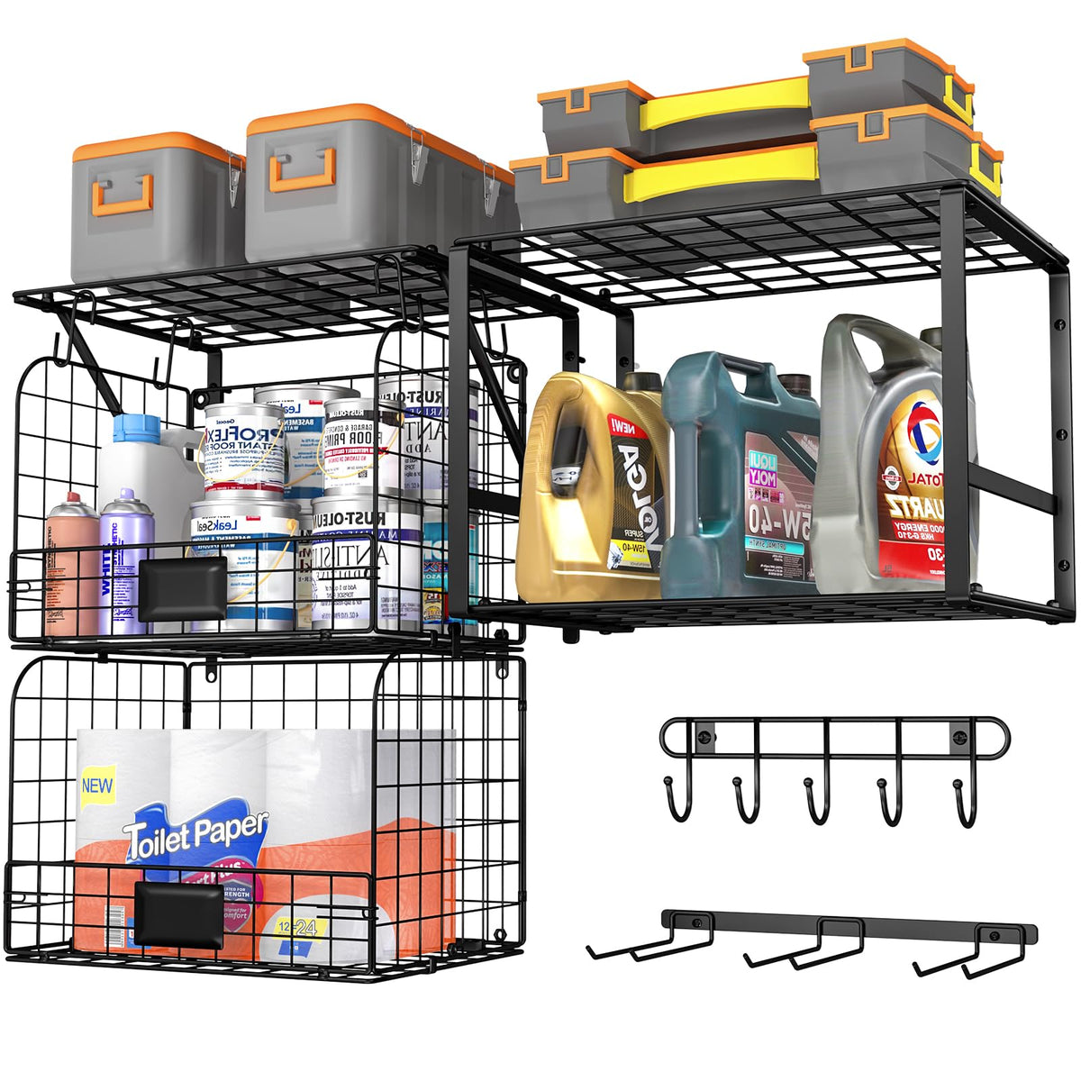 ThreeHio garage shelf with wire baskets in assembly mode for versatile storage