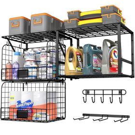 ThreeHio garage shelf with wire baskets in assembly mode for versatile storage