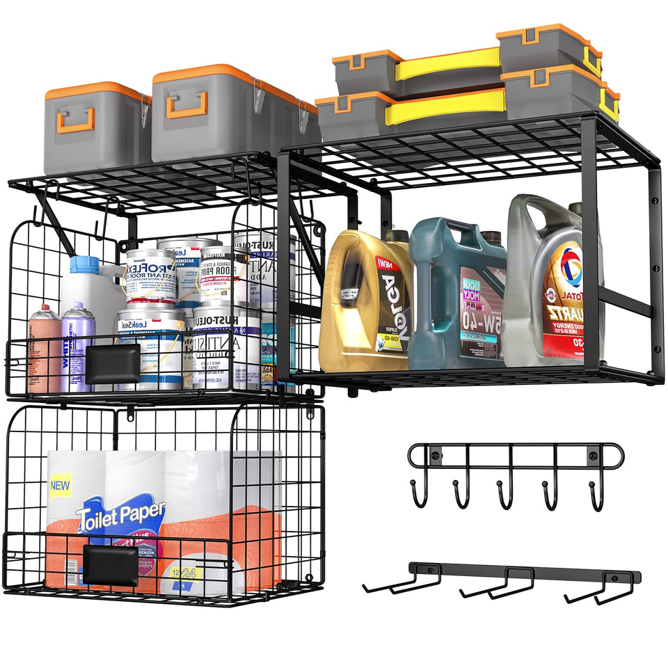 ThreeHio garage shelf with wire baskets in assembly mode for versatile storage