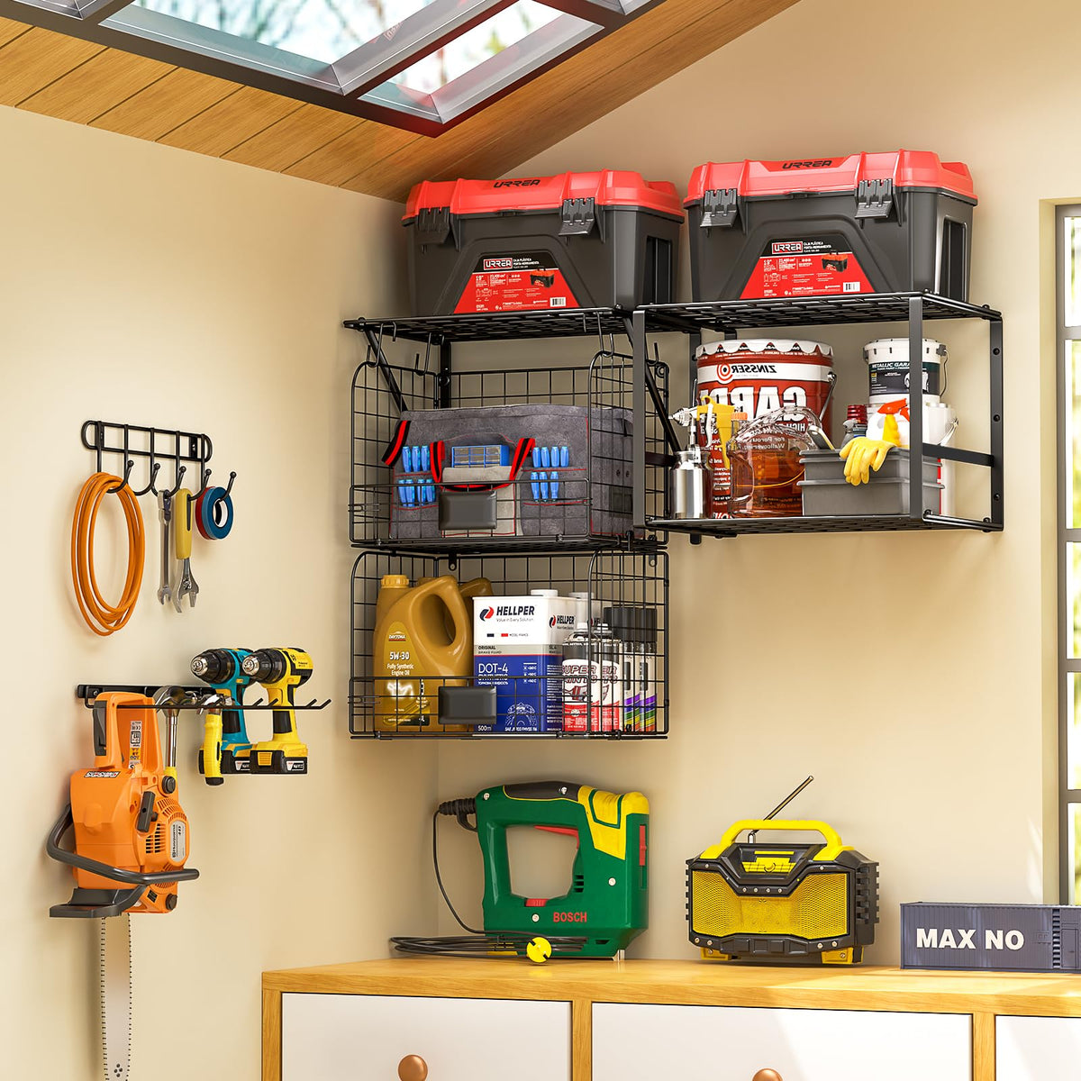 ThreeHio wire baskets closeup on garage shelf highlighting quick access