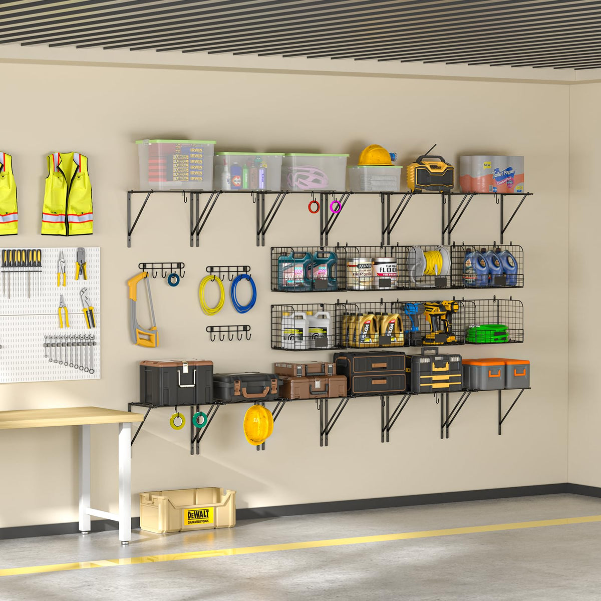 ThreeHio heavy-duty metal shelves provide strong load capacity.