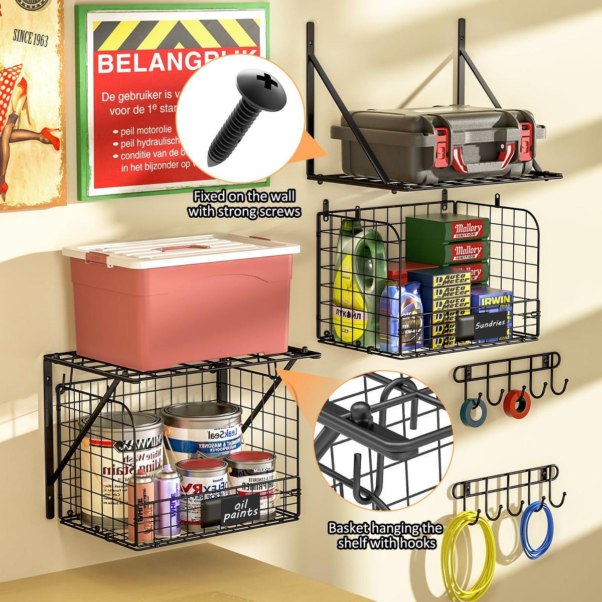 ThreeHio hook racks attach to shelves for quick tool hangs.