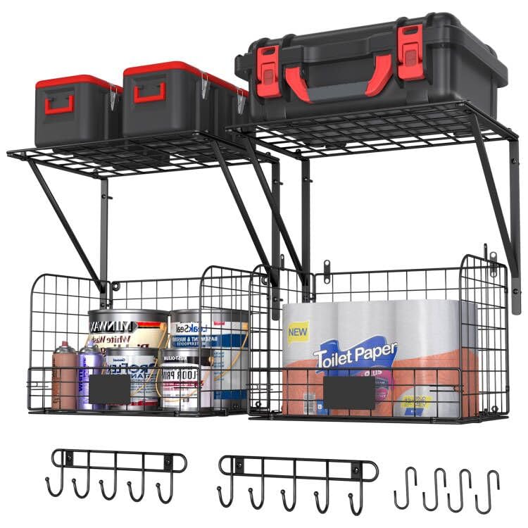 ThreeHio wall-mounted shelves with wire baskets for organized garage storage.