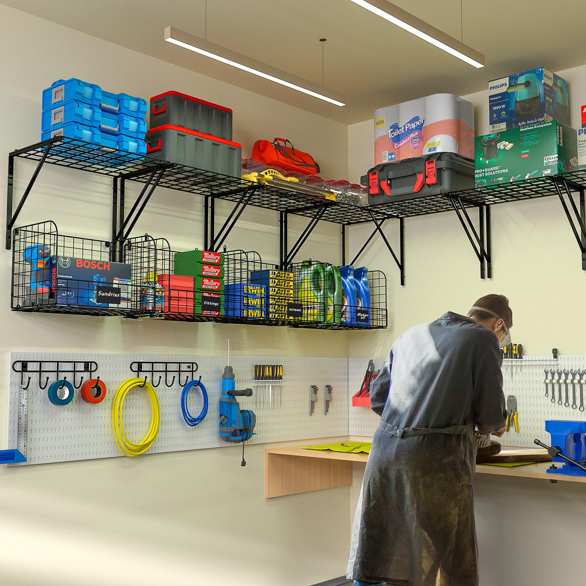 ThreeHio wire baskets on shelves keep tools sorted and accessible.