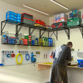 ThreeHio wire baskets on shelves keep tools sorted and accessible.