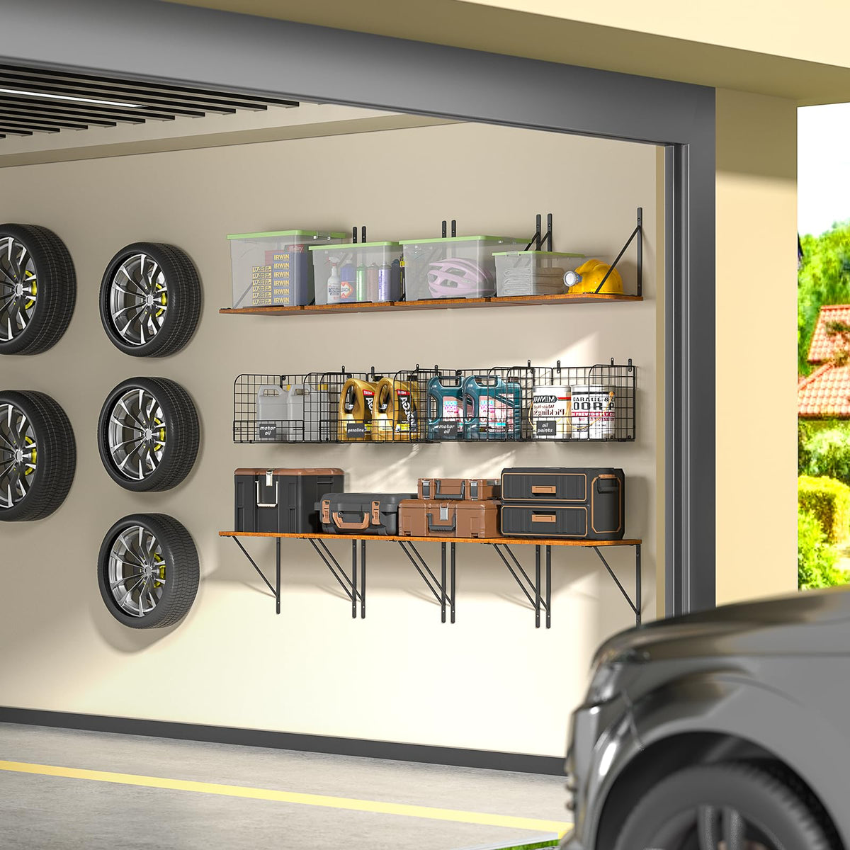 ThreeHio wire baskets under shelves for quick-access storage