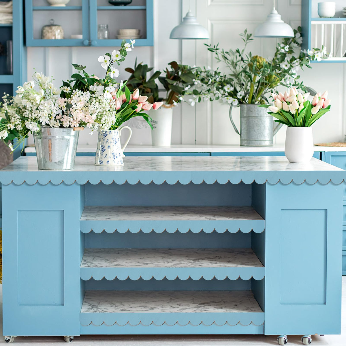 Threehoney trim for cabinets, walls, and windows enhances style.