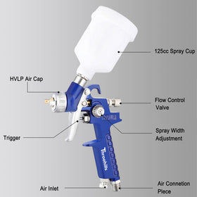 Throohills HVLP gun with brass hood provides uniform atomization.