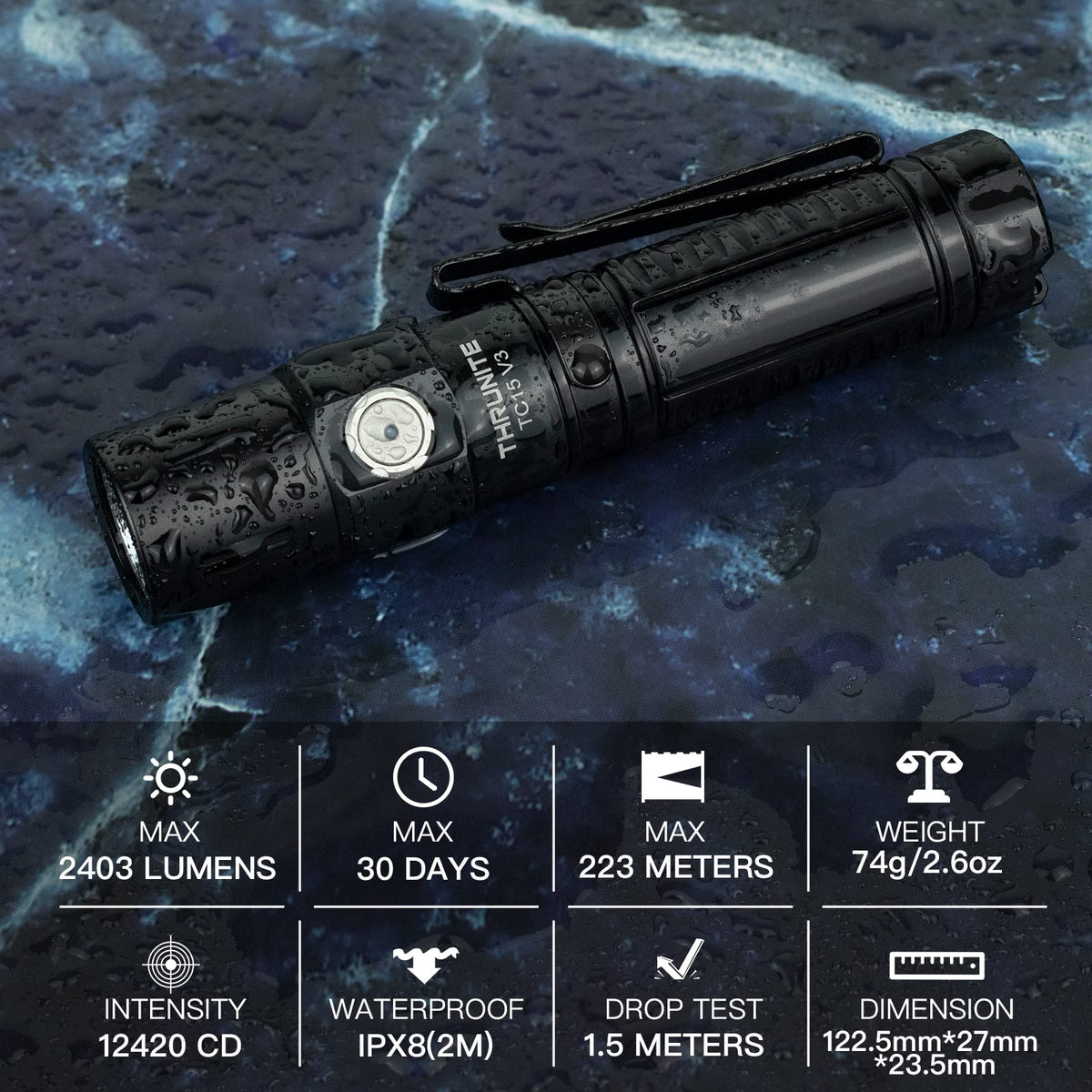ThruNite TC15 V3 Firefly mode provides subtle lighting for tent setup or map reading.