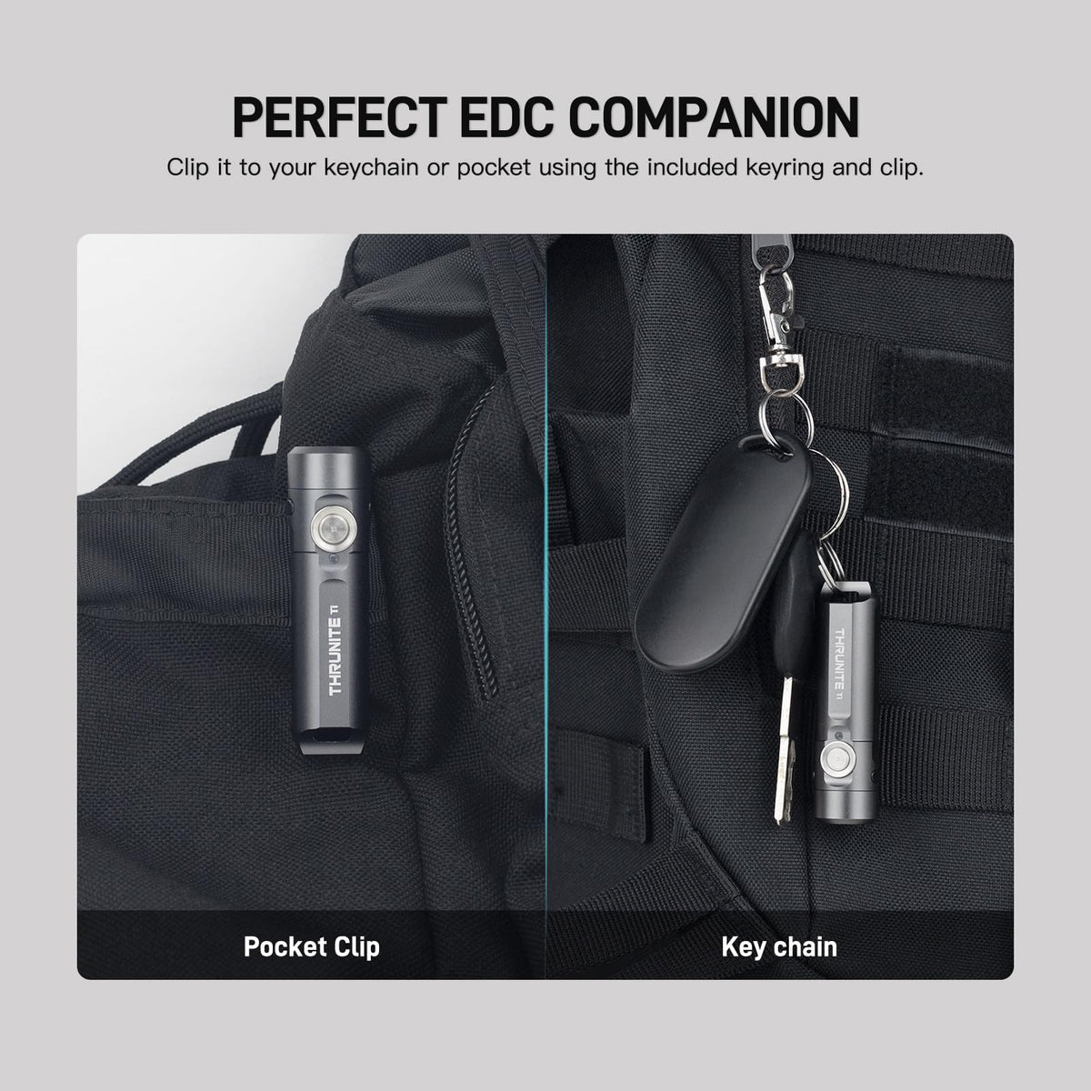 ThruNite Ti compact EDC flashlight fits easily in pockets for daily carry.