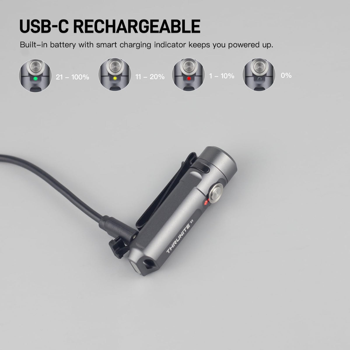 ThruNite Ti includes a USB-C charging cable for convenient recharging.