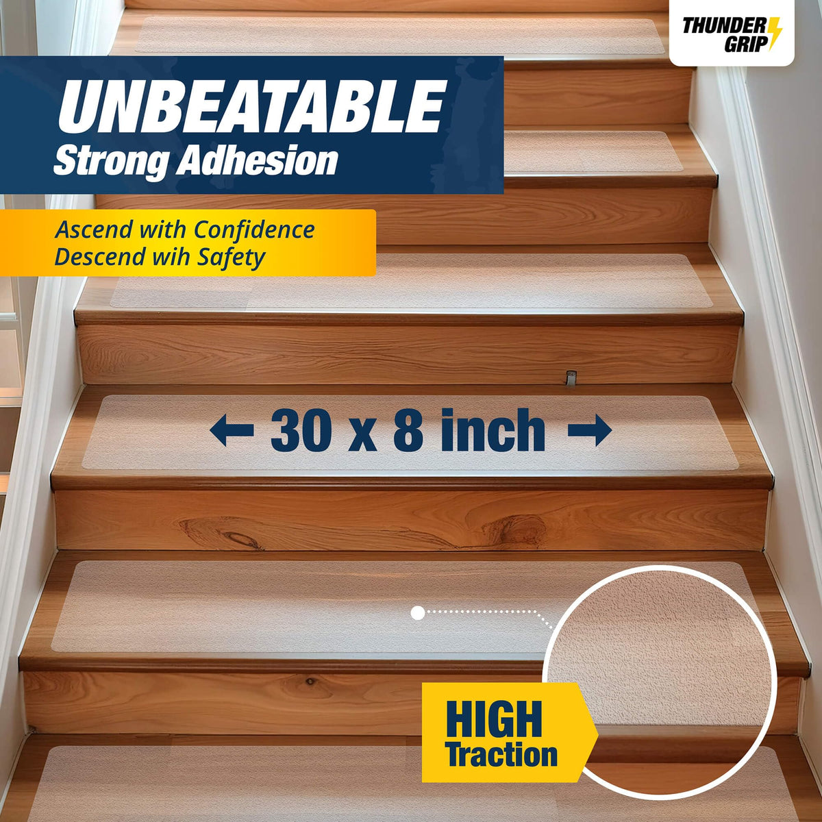 Thunder Grip non-slip stair treads on wooden stairs improve traction and stability.