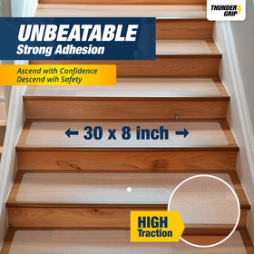 Thunder Grip non-slip stair treads on wooden stairs improve traction and stability.