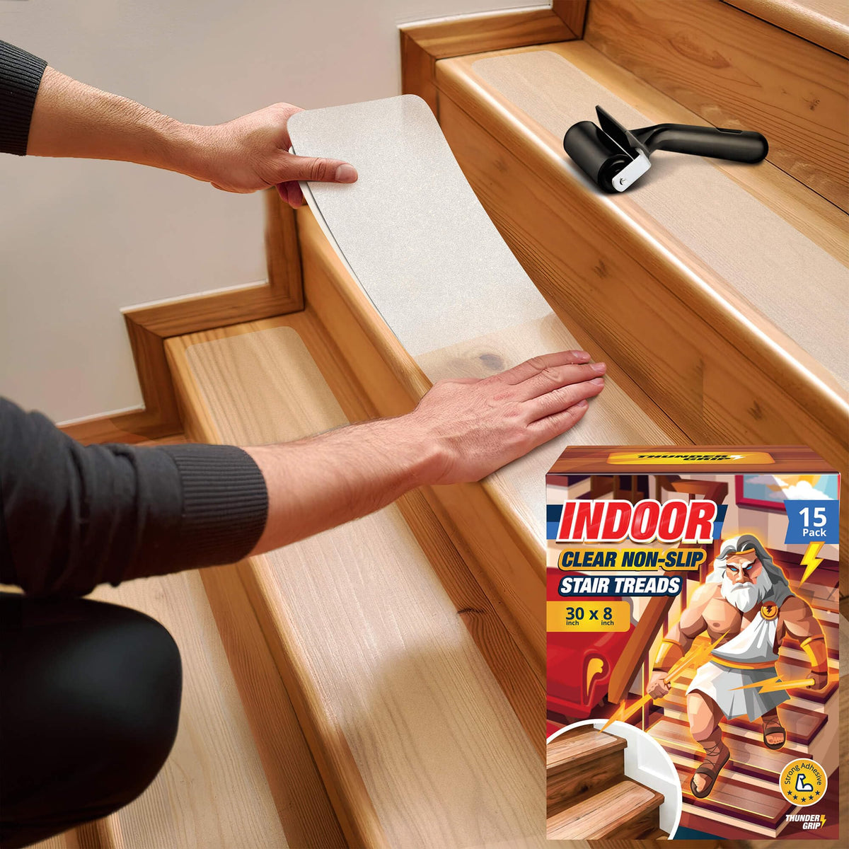 Thunder Grip clear stair treads 30x8 pack installed on wood stairs for safer footing.