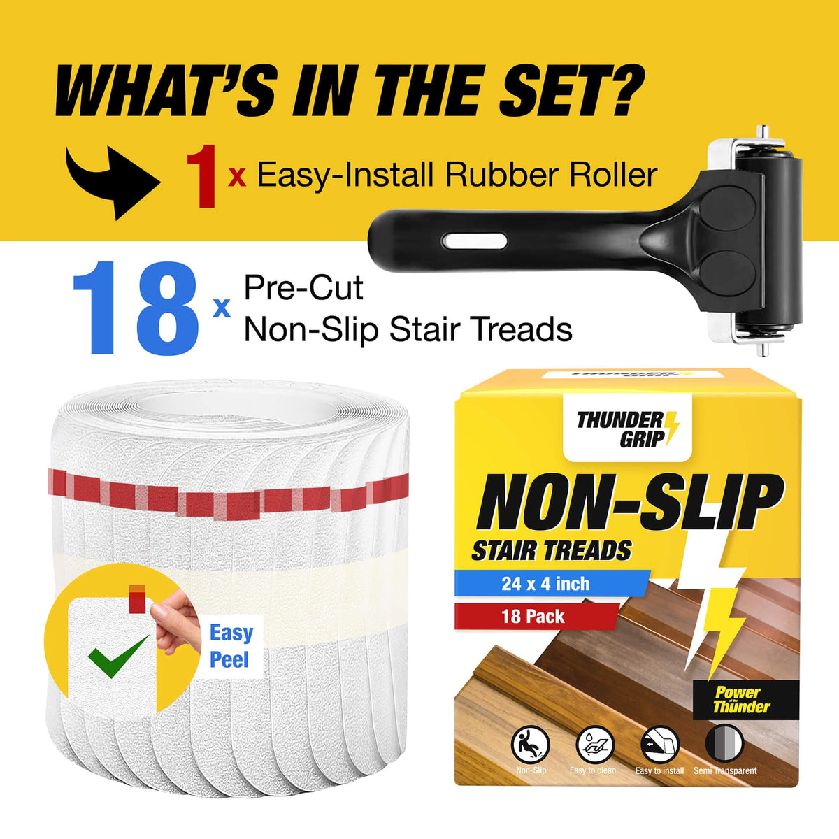 Thunder Grip anti-slip treads for indoor wooden stairs simplify maintenance.