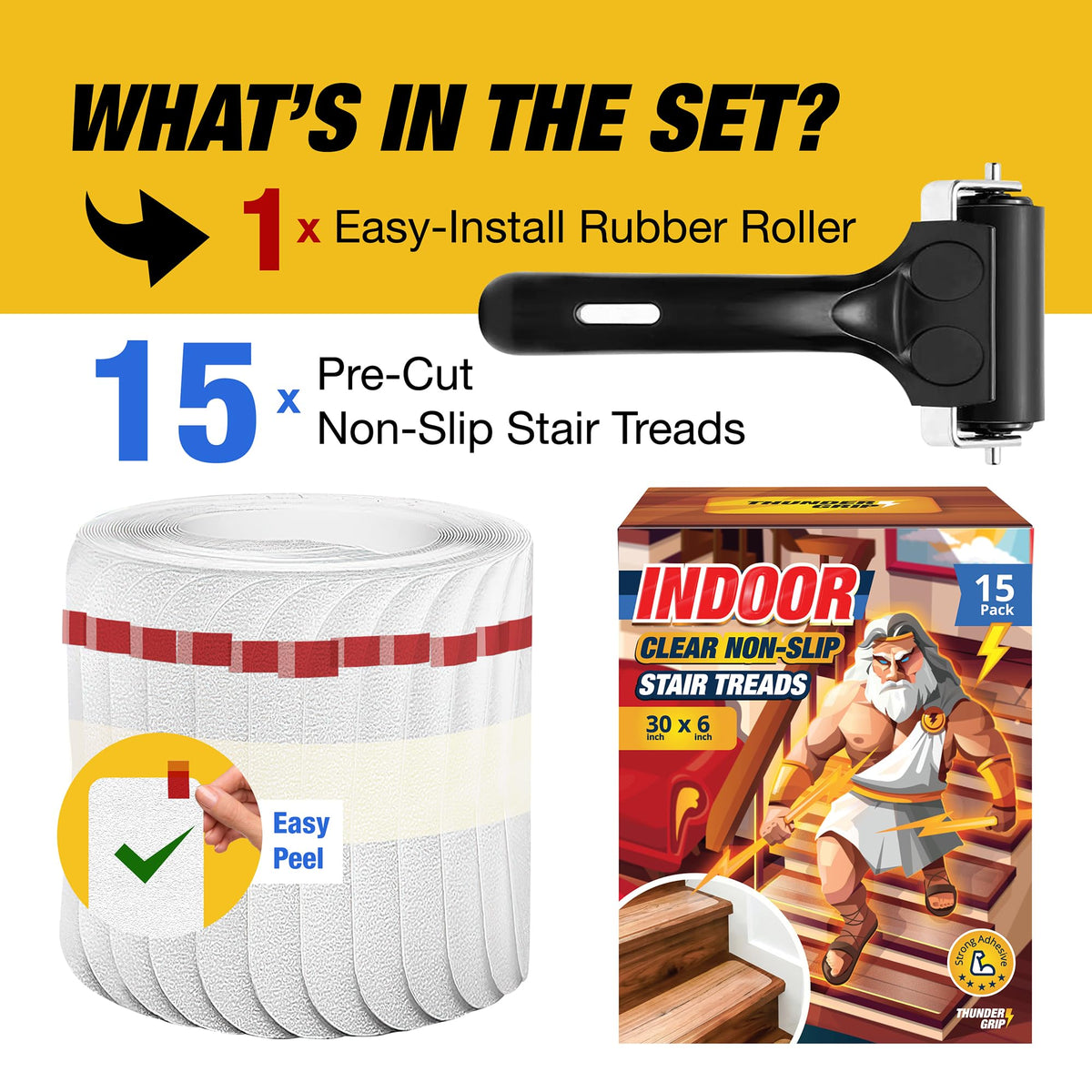 THUNDER GRIP easy-application stair treads ready to install on wood stairs