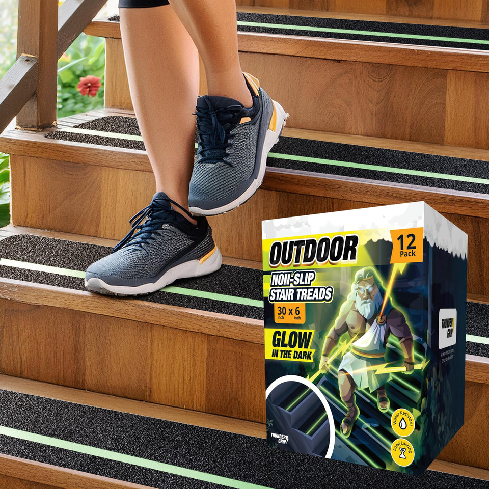 THUNDER GRIP glow-in-the-dark stair treads boost nighttime visibility and outdoor traction.
