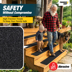 Thunder Grip non-slip stair treads with adhesive back for outdoor porches and stairs.