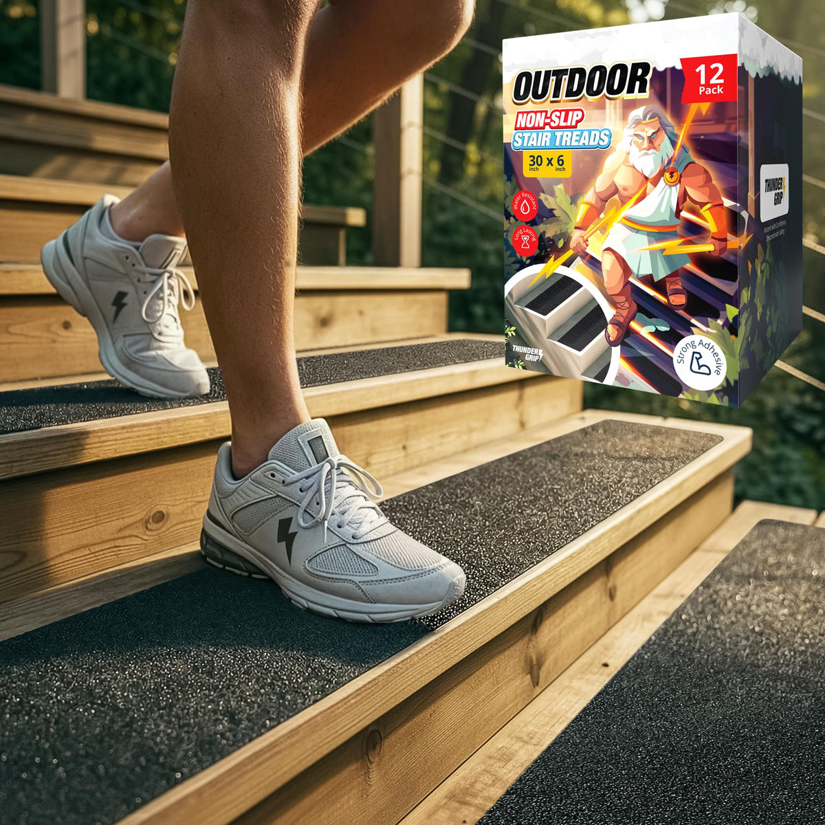 THUNDER GRIP outdoor stair treads 30x6: secure footing on wet steps