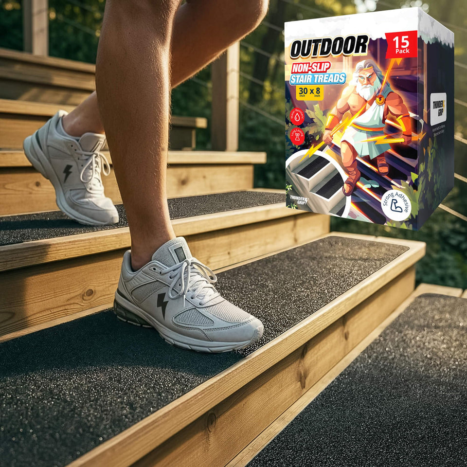 THUNDER GRIP outdoor stair treads on wood steps improve footing in rain