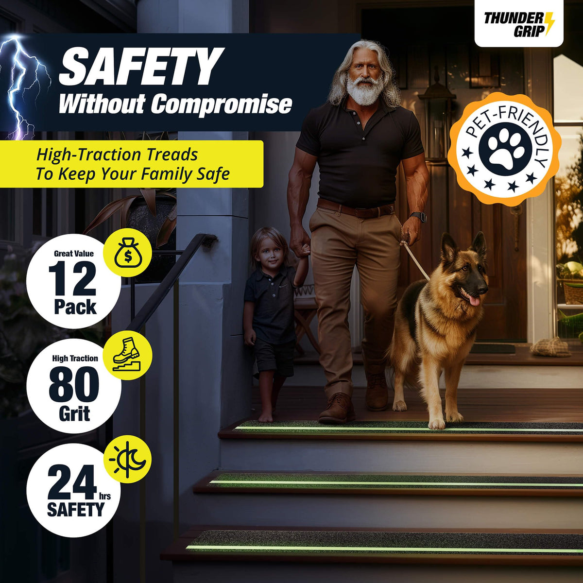 THUNDER GRIP outdoor stair treads with 80-grit texture for wet surface grip.