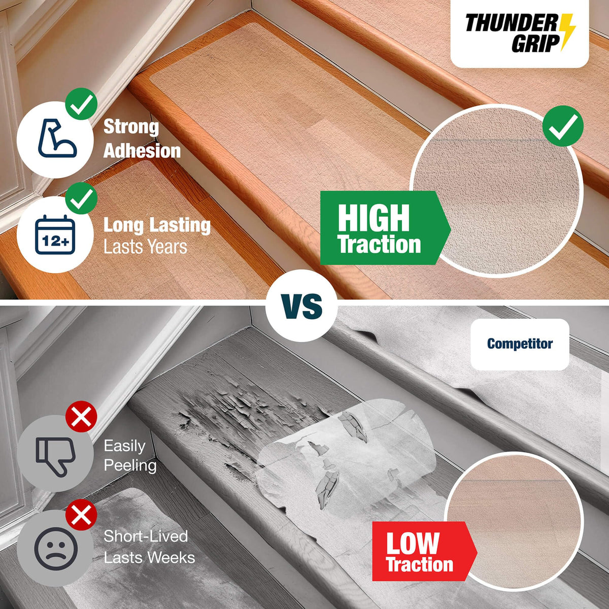 Thunder Grip easy-install stair treads showing simple peel-and-stick application.