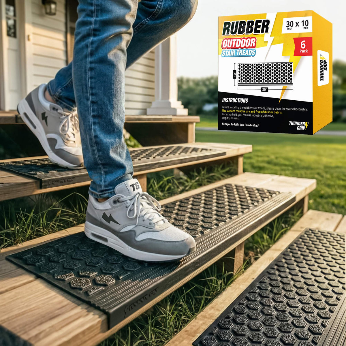 THUNDER GRIP rubber stair treads installed on wood stairs for safer outdoor access.