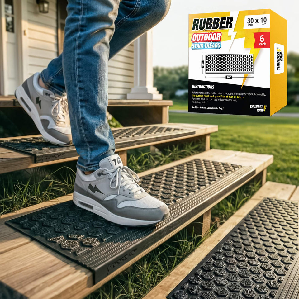 THUNDER GRIP rubber stair treads installed on wood stairs for safer outdoor access.