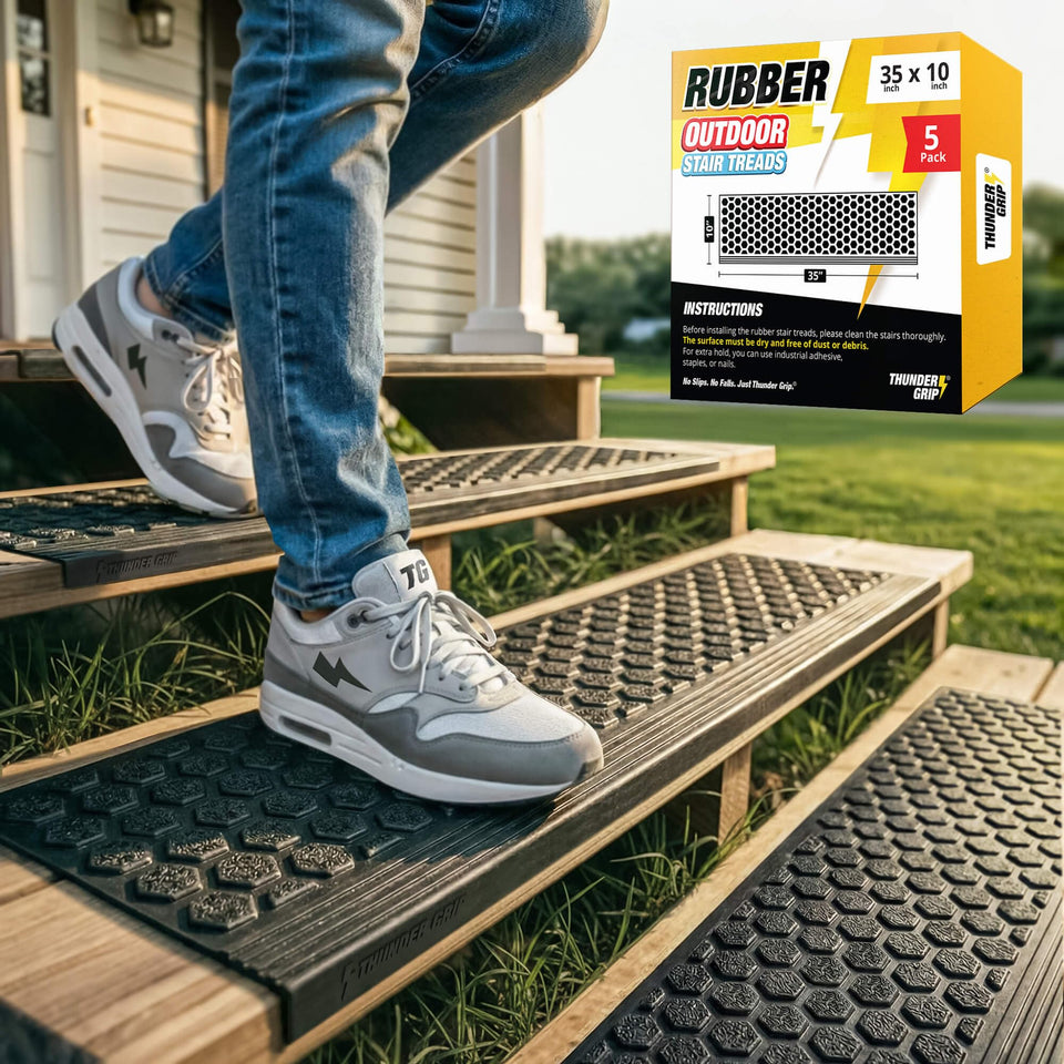 Thunder Grip rubber stair treads on outdoor wooden steps provide enhanced traction in rain.