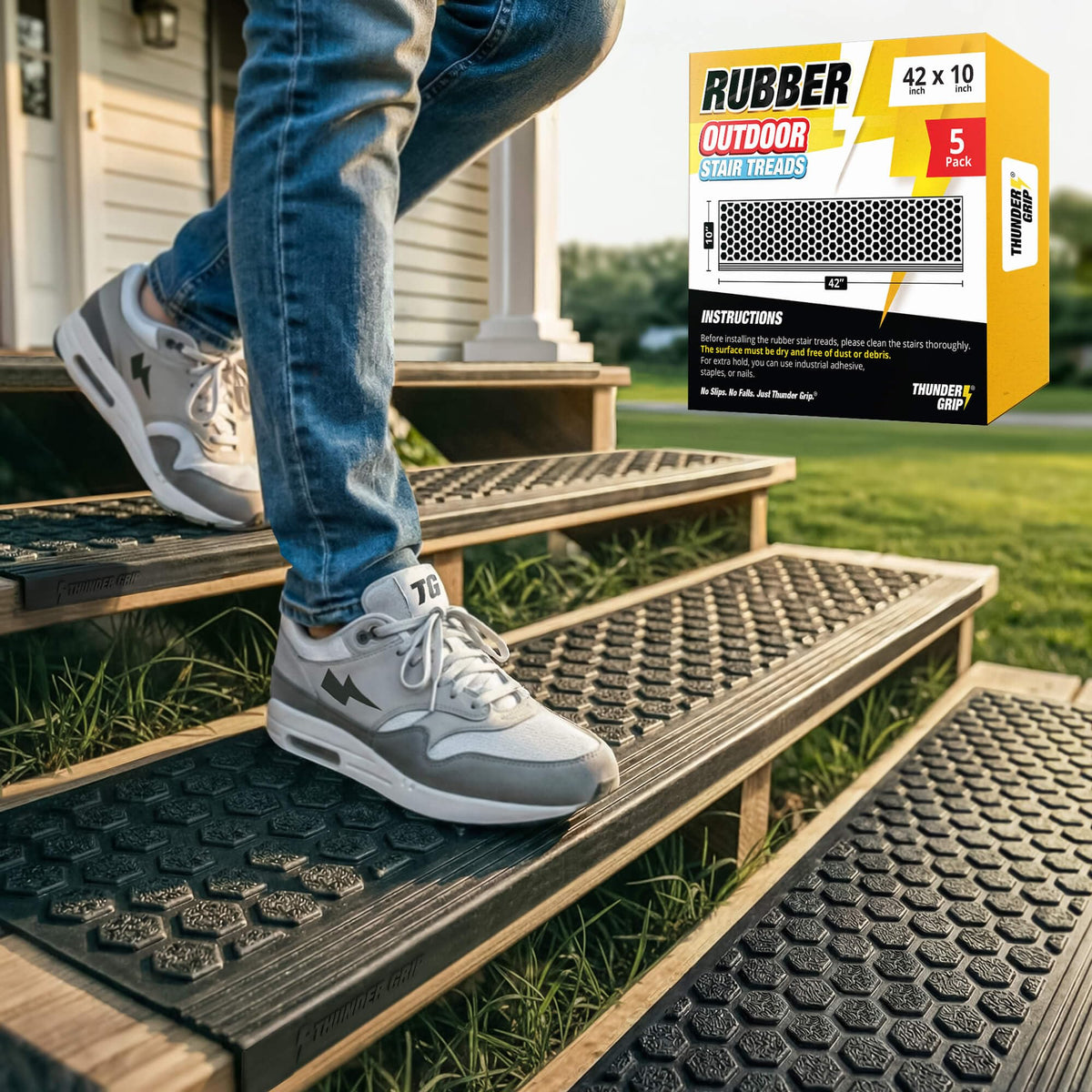 Thunder Grip rubber stair treads on outdoor steps reduce slipping and improve traction.