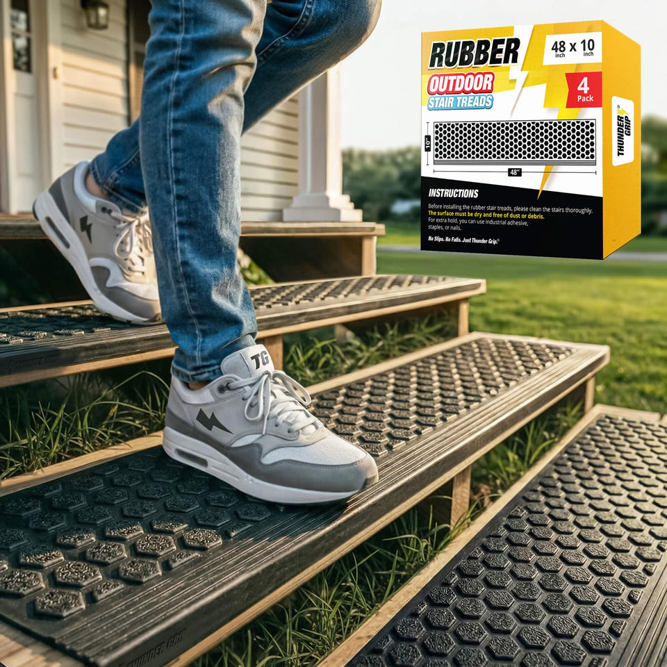 Thunder Grip rubber stair treads on wooden steps improve footing in wet weather.