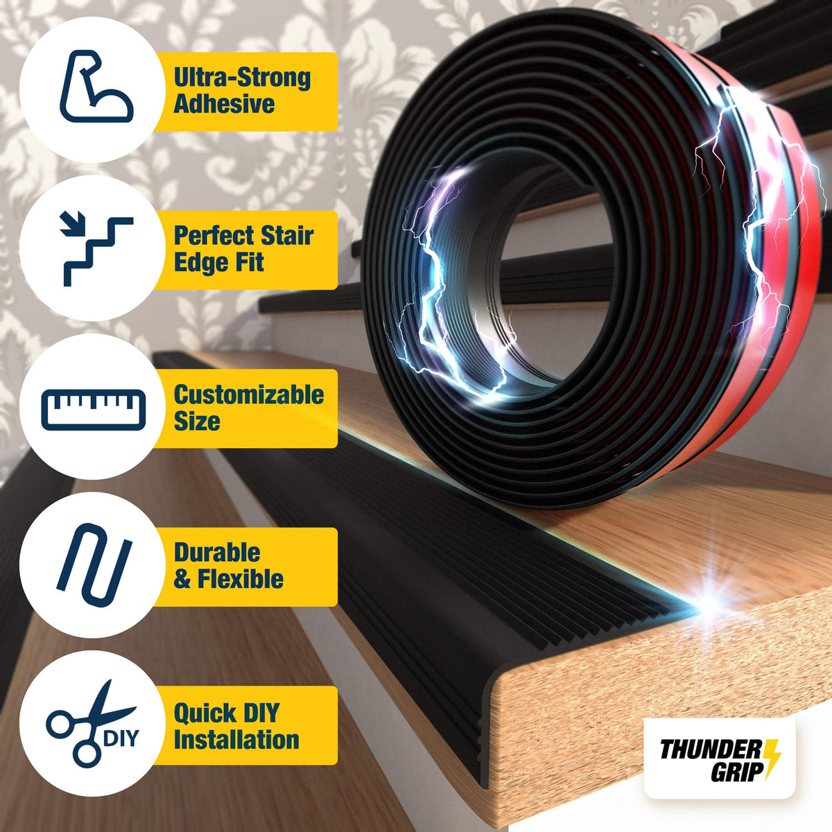 THUNDER GRIP slip-resistant nosing on steps, enhances grip.