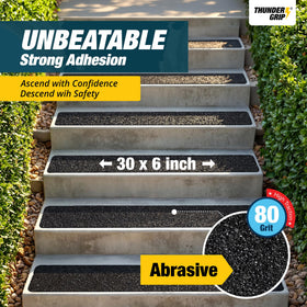 Thunder Grip stair treads on a wet wooden step illustrate durable weather resistance.