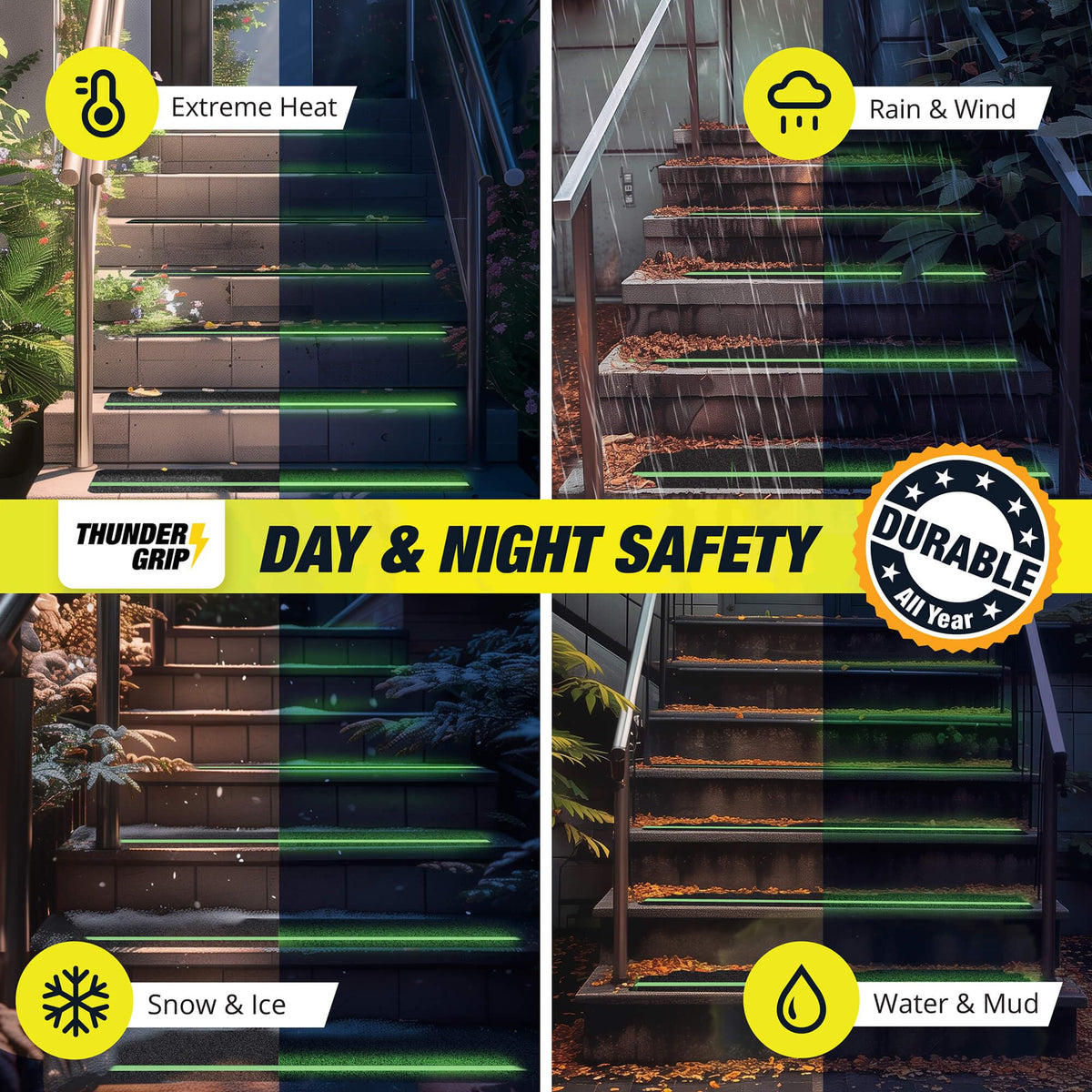 THUNDER GRIP glow-in-the-dark treads provide a safe night path on stairs.