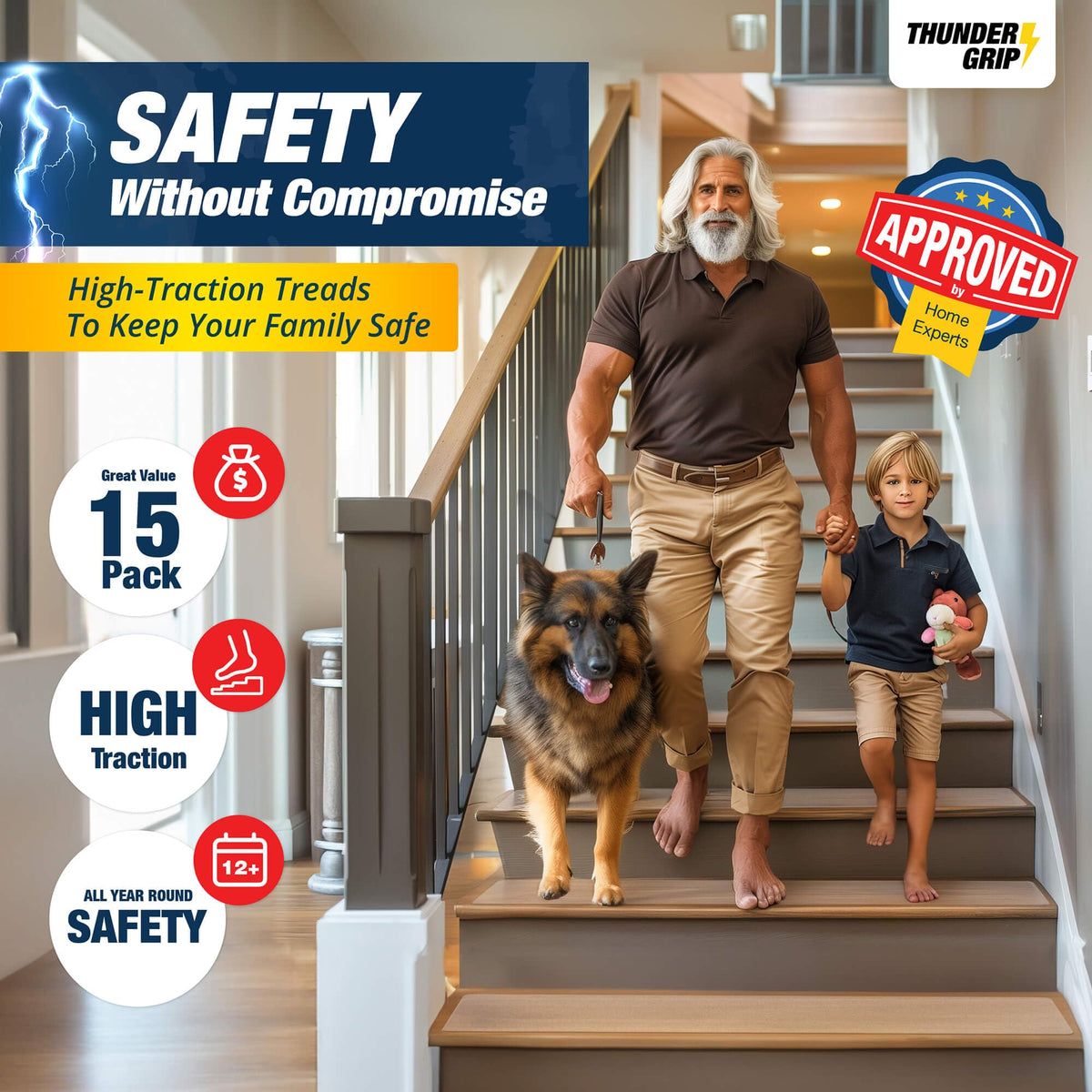 Thunder Grip adhesive stair treads for wood steps with a discreet translucent finish.