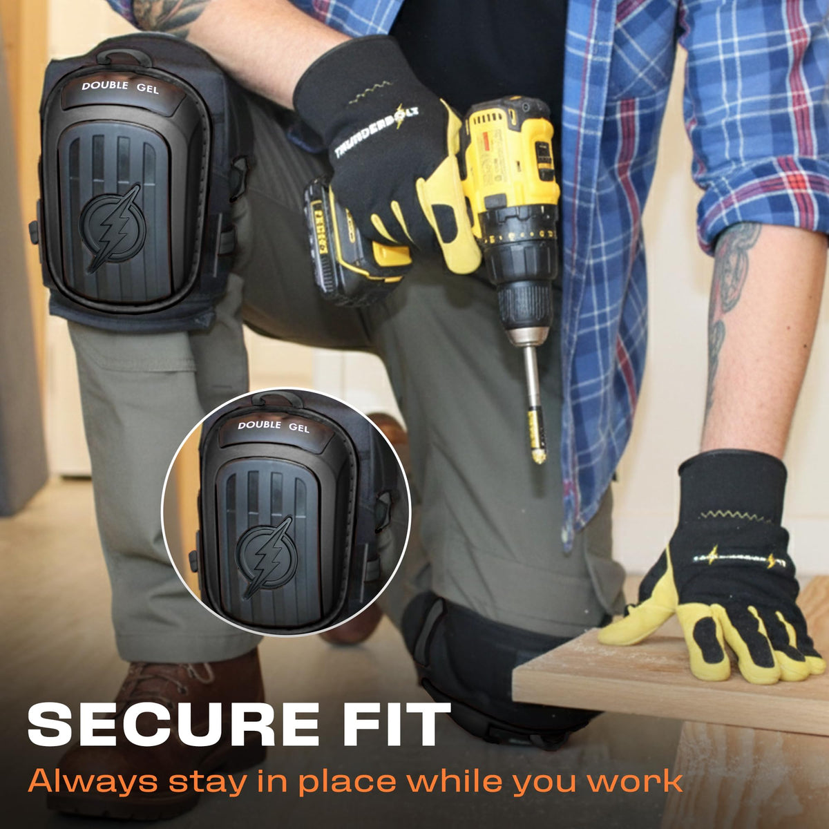 Thunderbolt knee pads protect surfaces during flooring and roofing tasks