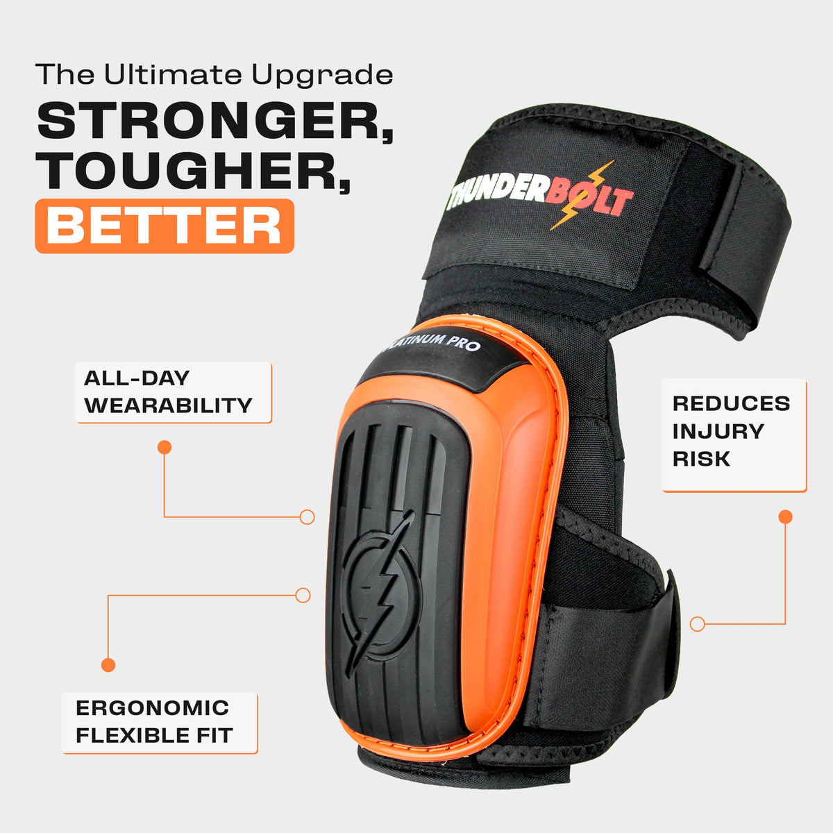 Ergonomic Thunderbolt Knee Pads supporting knee and quad areas for long wear