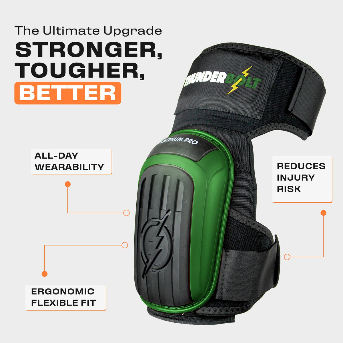 Thunderbolt ergonomic knee pads provide soft gel core and thick foam support
