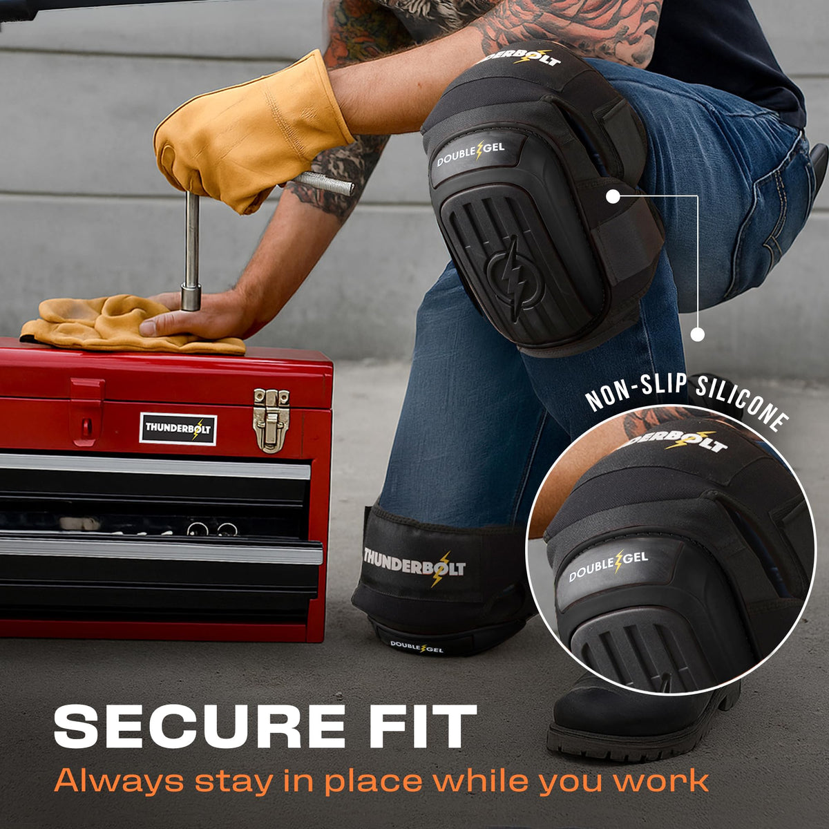 Thunderbolt knee pads extended adjustable fasteners fit most users.