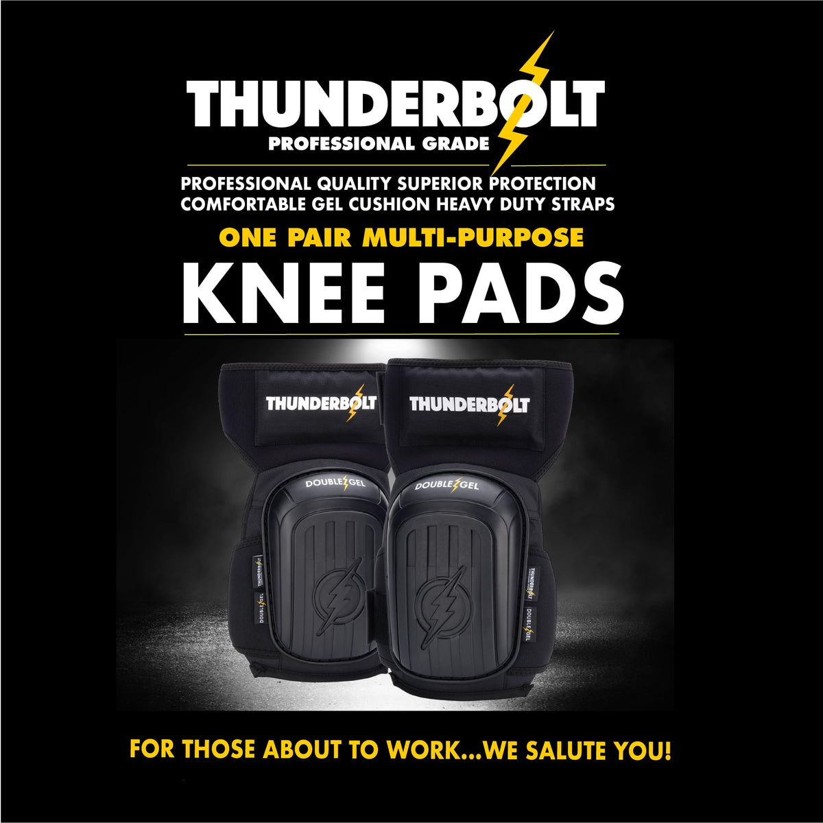 Thunderbolt knee pads thick foam panel cushions knees during flooring work.