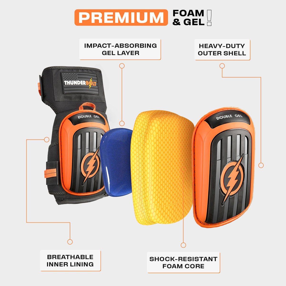 Heavy-duty materials and reinforced stitching on Thunderbolt knee pads