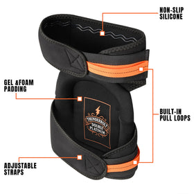 Thunderbolt knee pads with non-slip strap system on rugged surface
